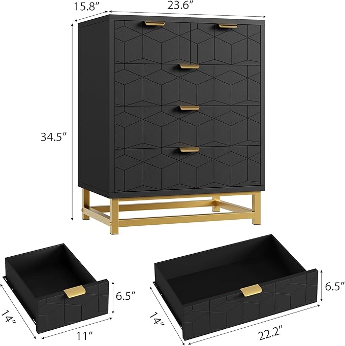 GAOMON Black 5 Drawer Dresser for Bedroom, Chest of Drawers with Metal Base, Modern Dresser Chest Cabinet Organizer for Living Room, Hallway, Closet