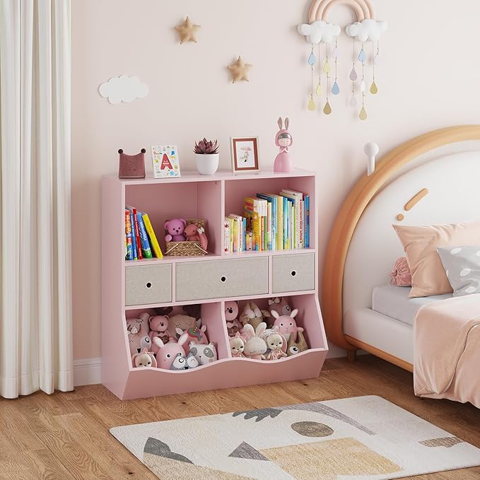 IDEALHOUSE 7-Cubby Large Kids Toy Storage Organizer, Children Wood Bookcase and Bookshelf, 3-Tier Toy Storage Cabinet with 3 Drawers for Hallway, Playroom, Living Room, School, 2 Set Pink
