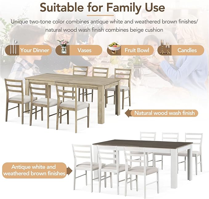 7-Piece Wooden Dining Set with Mutifunctional Extendable Table 12" Leaf and 2 Drawers,Rubber Wood Structure W/ 6 Soft Cushion Chairs,for Dining Room,Natural Wood Wash