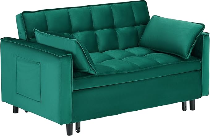 Ball & Cast Convertible Sofa Bed,Pull Out Loveseat Sleeper Sofa,Convertible Pull Out Couch W/ 2 Pillows,Adjustable Backrest & Side Pocket,Corduroy Futon Couches for Living Room,Apartment,Green,55"