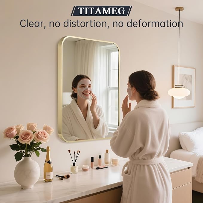 24x36 Inch Bathroom Mirror, Gold Framed Rectangle with Rounded Corner, Aluminum Alloy Framed Brushed Wall Mirror for Bedroom or Living Room, Vertical or Horizontal