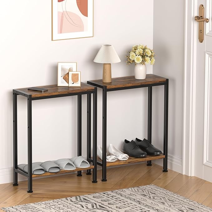 Narrow Side Table for Small Space, 2-Tier Small End Table with Shelf Holder, Slim Nightstand, Skinny Snack Couch Table in Living Room, Bedroom, Study, Kitchen and Balcony (Rustic Brown)