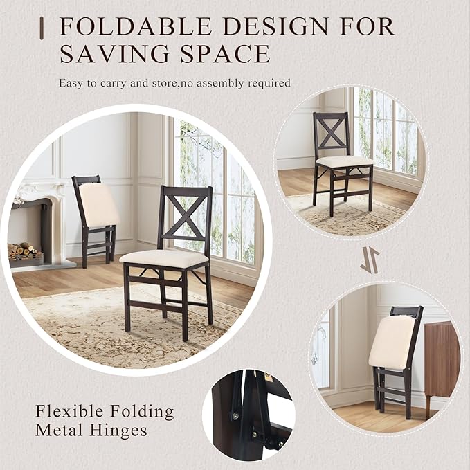 COLAMY Folding Dining Chairs Set of 4 – Beige Upholstered Wooden Dining Room Chairs for Kitchen & Small Spaces, Mid Century Modern Design, Space-Saving, No Assembly Required