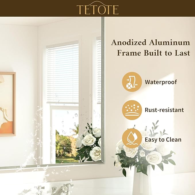 TETOTE Brushed Nickel Bathroom Mirror for Over Sink 36" x 36" Brushed Nickel Beveled Framed Rectangle Vanity Mirror for Bathroom, Bedroom, Entryway, Living Room, Tempered Glass, Stronger Frame