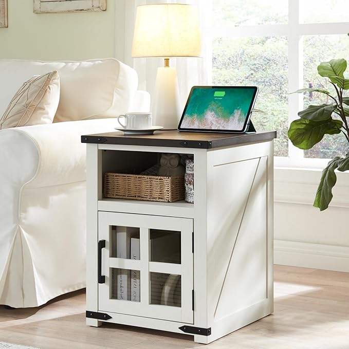 Farmhouse Nightstand with Charging Station, Rustic End Table with Tempered Glass Barn Door, Wood Sofa Side Bedside Table with Open Storage Shelf for Living Room, Bedroom, White