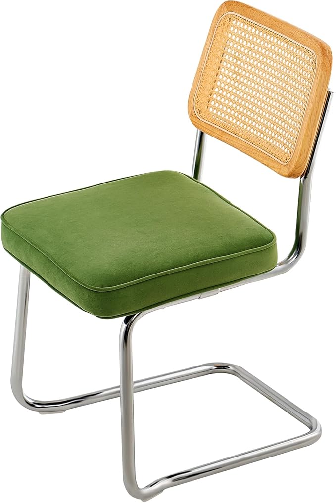 VEVOR Rattan Dining Chairs Set of 2, Mid Century Modern Dining Chair, Upholstered Velvet Accent Chair with Rattan Back, Retro Dining Room Kitchen Chair for Living Room, Bedroom (18.1 Inch)
