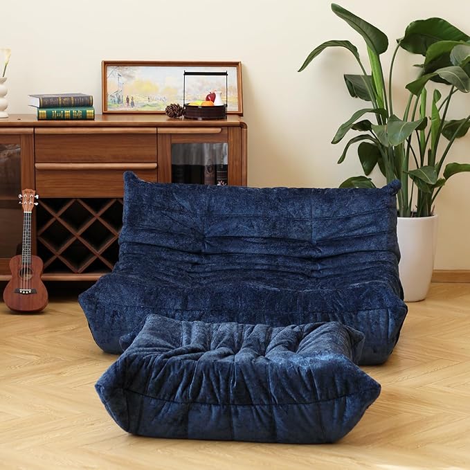 N&V Ottoman, Mid Century Armless Floor Sofa, Soft Premium Chenille Floor Lounge Chair, Foam Sofa Accent Chair for Living Room Bedroom and Office (Blue, Ottoman)