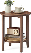 VASAGLE Round Side End Table, 2-Tier Boho Bedside Table with Rattan-Look Storage Shelf, Nightstand for Small Spaces, for Living Room, Bedroom, Home Office, Black Walnut ULET296K01