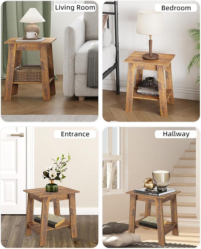 Garvee End Table, Set of 2, Side Table with 2-Tier Storage Shelf, Sofa Table for Small Space, Square Nightstand for Entryway, Farmhouse, Living Room, Easy Assembly, Rustic Brown