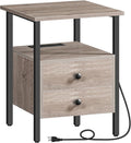 HOOBRO End Table with Charging Station, Nightstand with 2 Drawer & USB Ports & Power Outlets, Bedside Table for Small Spaces, Stable and Sturdy, for Living Room, Bedroom, Greige and Black BG43UBZ01