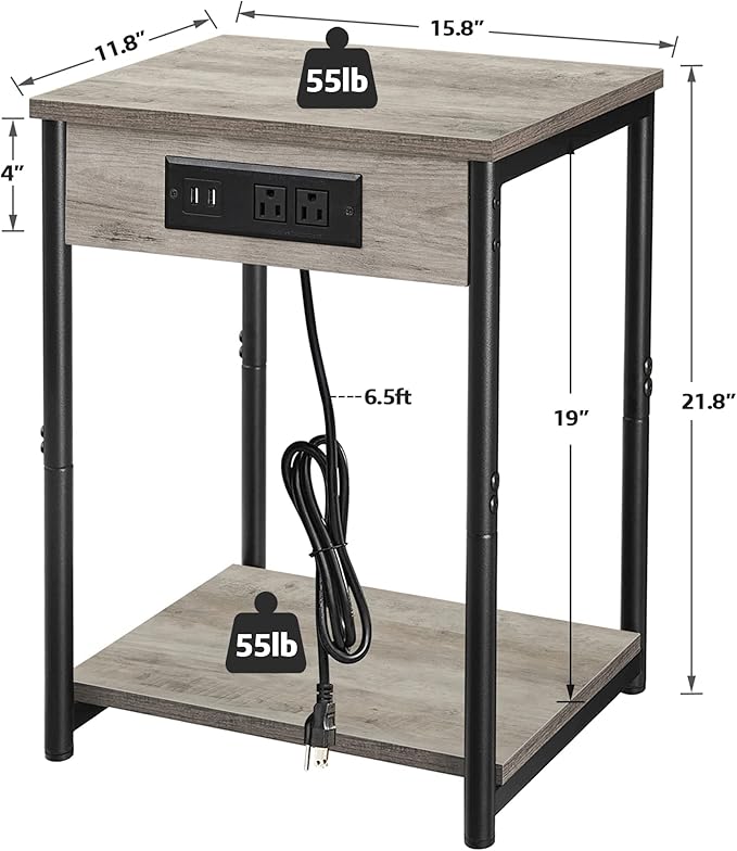 TUTOTAK Small Night Stand with Charging Station, End Table Set of 2, Side Table with USB, 21.8”H Nightstand with Storage Shelf, Sofa Couch Table TB01BG029 (2 pcs)