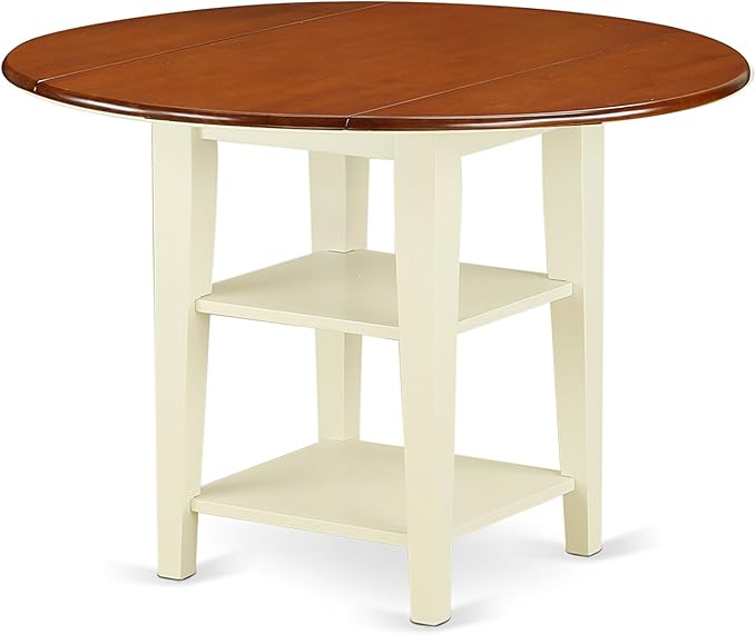 East West Furniture SUAV5-BMK-W 5 Piece Dining Room Furniture Set Includes a Round Dining Table with Dropleaf & Shelves and 4 Wood Seat Chairs, 42x42 Inch, Buttermilk & Cherry