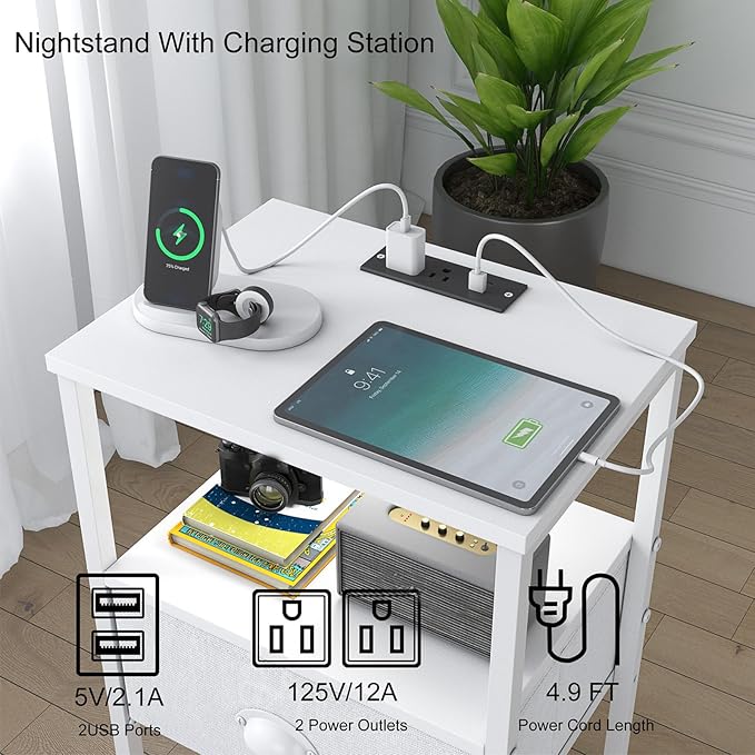 Sthmec Nightstands Set of 2, LED Bedside Tables with Charging Station and Fabric Drawer, Night Stand with Storage, 3 Tier Side Table with Open Shelf, LED Nightstand with Charging Station, White