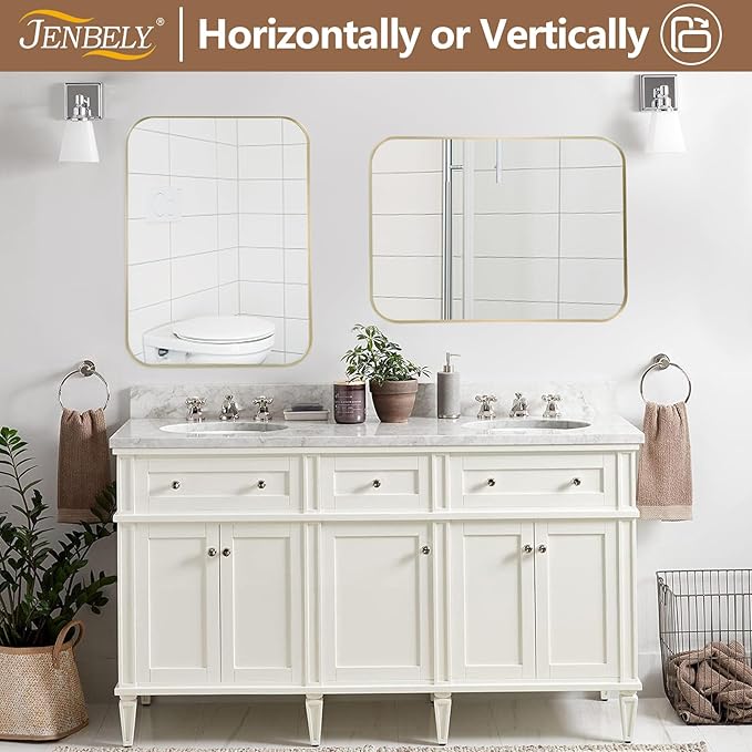 30x36 Inch Brushed Nickel Bathroom Mirror, Framed Rectangle Mirror with Rounded Corner, Brushed Mirror, Silver Bathroom Mirror for Over Sink, Vanity, Living Room, Bedroom, Horizontal/Vertical