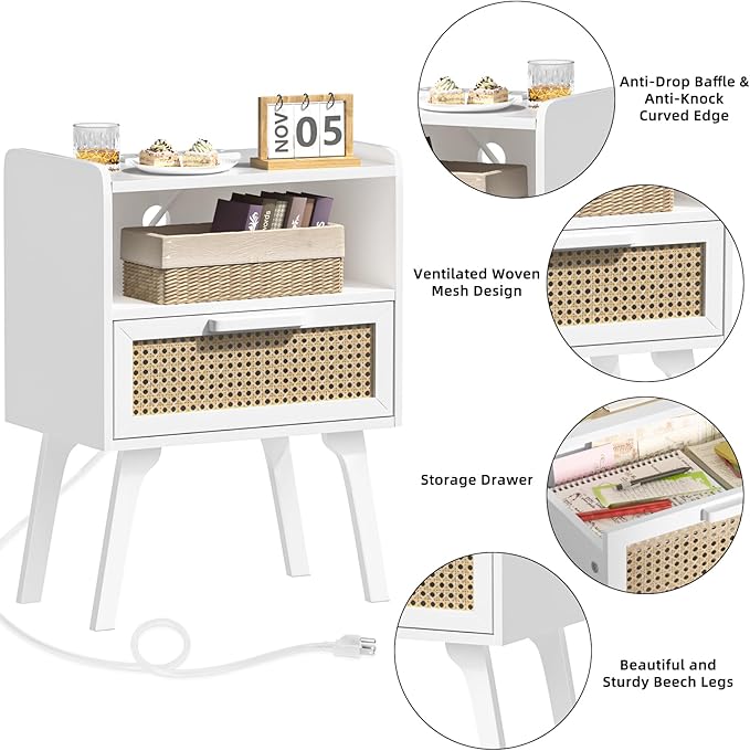 Lerliuo Rattan Nightstands Set of 2 with Charging Station, White Bedside Table with Drawer Open Shelf, Cane Accent Side End Table with Solid Wood Legs, Night Stand for Bedroom, Dorm and Small Spaces