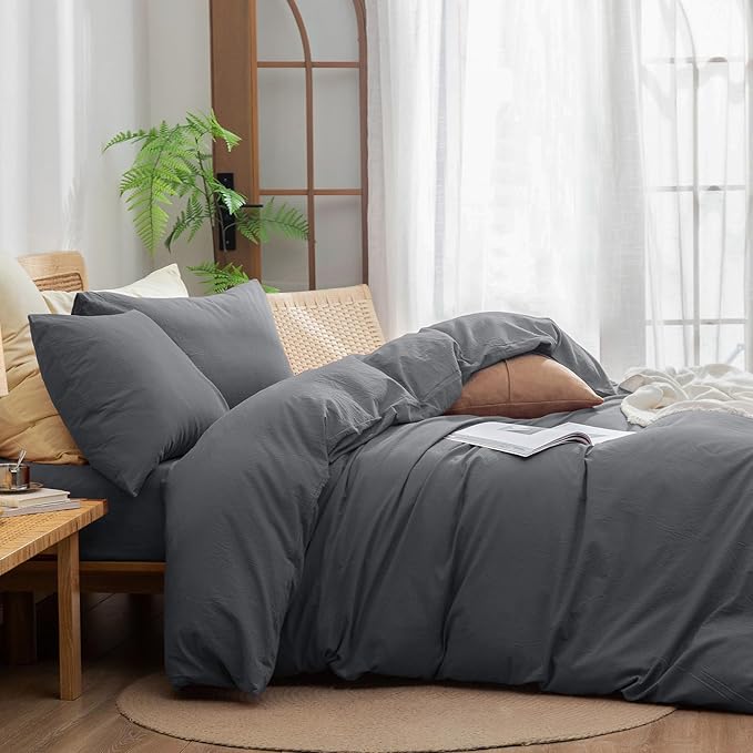 BESTOUCH Duvet Cover Set 100% Washed Cotton Linen Feel Super Soft Comfortable Chic Lightweight 3 PCs Home Bedding Set Solid Quiet Shade Grey Oversized Queen