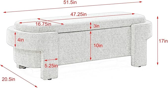 KEIKI 51" Linen Ottoman Bench with Large Storage Space, Upholstered Seating Foot Rest Stool Furniture for Bedroom, Living Room, Entryway, White