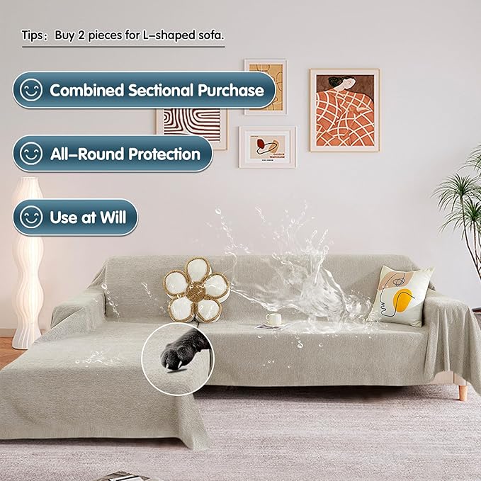 STACYPIK Waterproof Beige Sofa Cushion Covers Dog Couch Cover for 3-4 Cushion Couch Water Resistant Slipcover Furniture Protector Non-Slip Pet Protector Cover Leak Proof Couch Cover-71X134IN