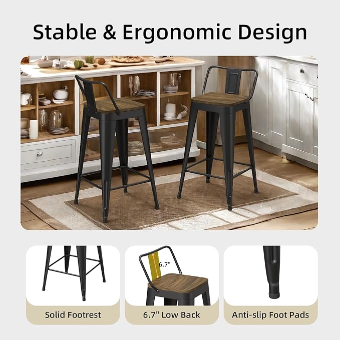 Black Bar Stools Set of 4, Metal Bar Stools with Wooden Seat, Modern 30”Counter Height Barstools with Low Back