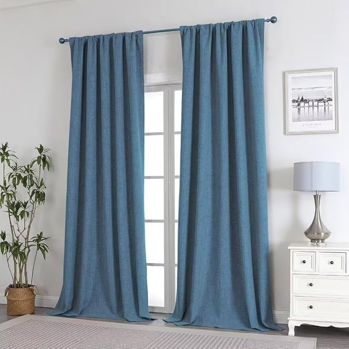Joydeco Natural Linen Curtains 84 inch Length 2 Panels Set Burg 100% Blackout Patio Door Curtain Room Darkening Sliding Door Curtains Thermal Insulated Back tab Rod Pocket(105x84 inch, Sky Blue)