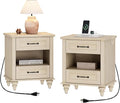WAMPAT Set of 2 End Tables with Charging Station, 2 Drawer Nightstand for Bedroom with Storage Shelf, 2 Pack Wooden End Tables Bedside Table for Living Room, Beige