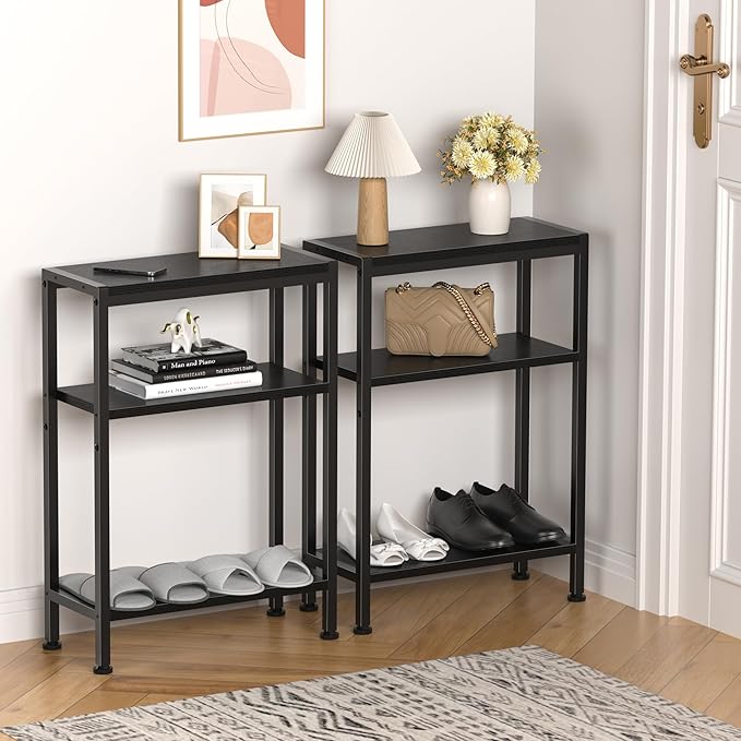 Narrow Side Table for Small Space Set of 2,3-Tier Small End Table with Shelf Holder, Slim Nightstand, Skinny Snack Couch Table in Living Room, Bedroom, Study, Kitchen and Balcony（Black