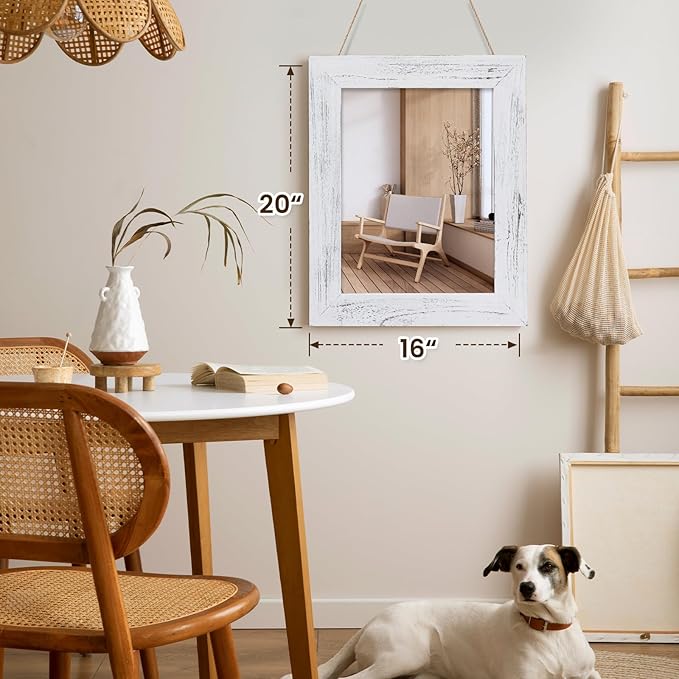 QDSSDECO 16"×20" Wall Mirror Farmhouse Decor Rectangular Mirror Hanging for Bathroom, Vanity, Bedroom, Entryway, Living Room,White