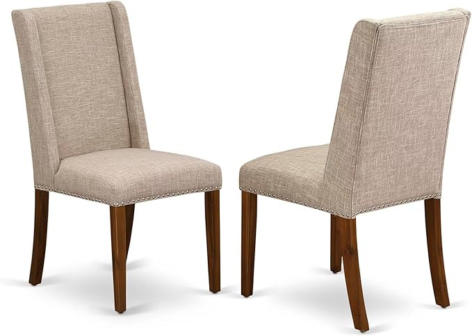 NKFL7-AWA-04-7-Piece Dining Table Set Consists of a Breakfast Table and 6 Light Tan Linen Fabric Dining Chairs with Padded Chair Back - Antique Walnut Finish.