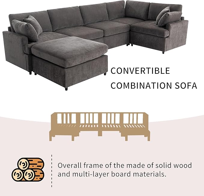 Merax 6-Seater Modern Large U-Shape Sectional Sofa, with Removable Ottomans for Living Room,Gray