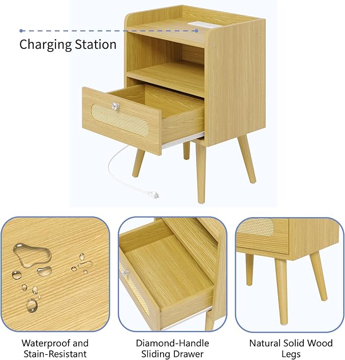 End Table with Charging Station, Nightstand with Diamond Handle and Rattan-Style Drawer, Bedside Table, Light Oak