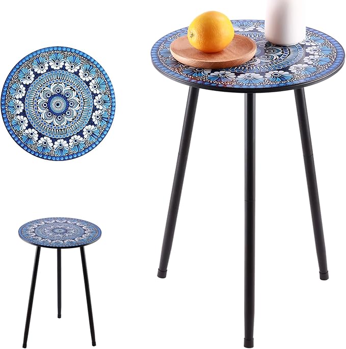2 Packs Metal Mosaic Round Side Table 13.4" Small Outdoor Patio Round Accent Coffee Tables Indoor Corner Stand for Small Spaces Weather-Resistant for Balcony Plant Stand