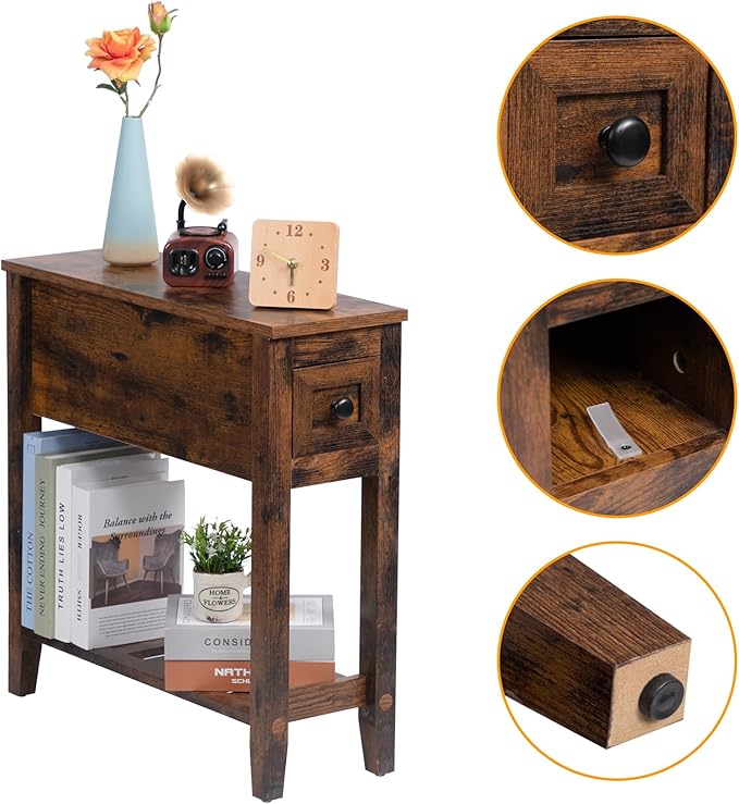 Brown 2 Pack Chairside Narrow End Table with Drawer, Solid Recliner Side Table with Storage Shelf, Slim Nightstand Bedside Table for Bedroom