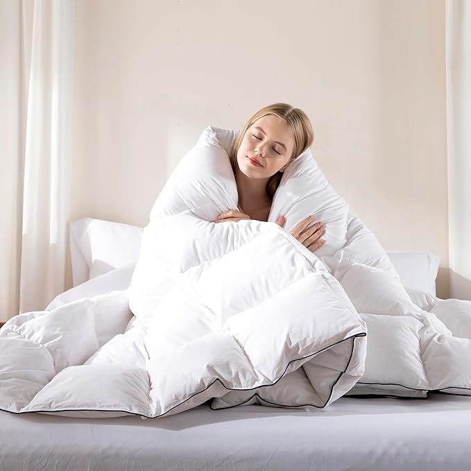 DOWNCOOL Feather Comforter Oversized Queen, 100% Cotton White Duvet Insert, All Season Ultra Soft Hotel Collection Bedding Comforters with Corner Tabs, Oversized Queen Size 98 x 98 Inch