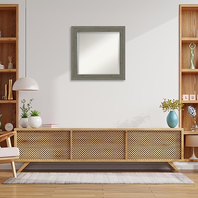 Amanti Art Grey Wall Mirror 25x25 Fencepost Grey Narrow Square Bathroom Mirror for Wall Decor Living Room, Medium Country Rustic Wood Frame, Hangs Horizonally and Vertically, Bathroom Decor, Beveled