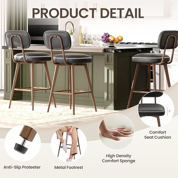Swivel Bar Stools Set of 3, Mid Century PU Leather Counter Height Bar Chairs with Low Back and Metal Legs, Modern Bar Stool Chair for Kitchen Island, Black