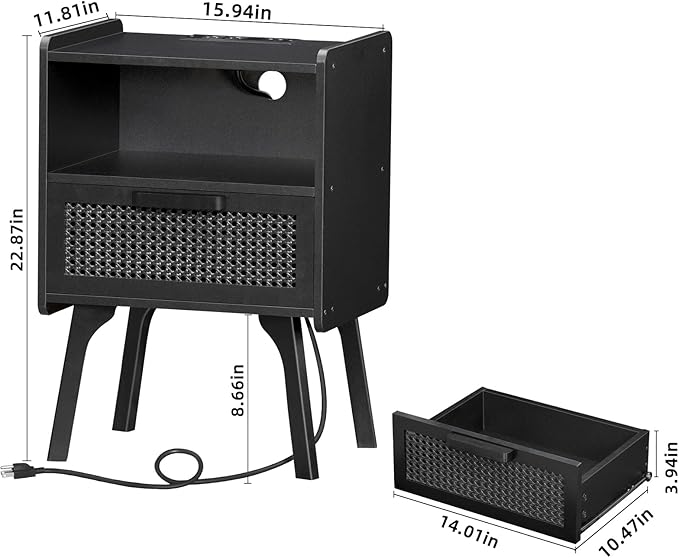 Lerliuo Rattan Nightstands Set of 2 with Charging Station, Boho Side Table with Drawer Open Shelf, Cane Accent Bedside End Table with Solid Wood Legs for Bedroom, Dorm and Small Spaces (Black)
