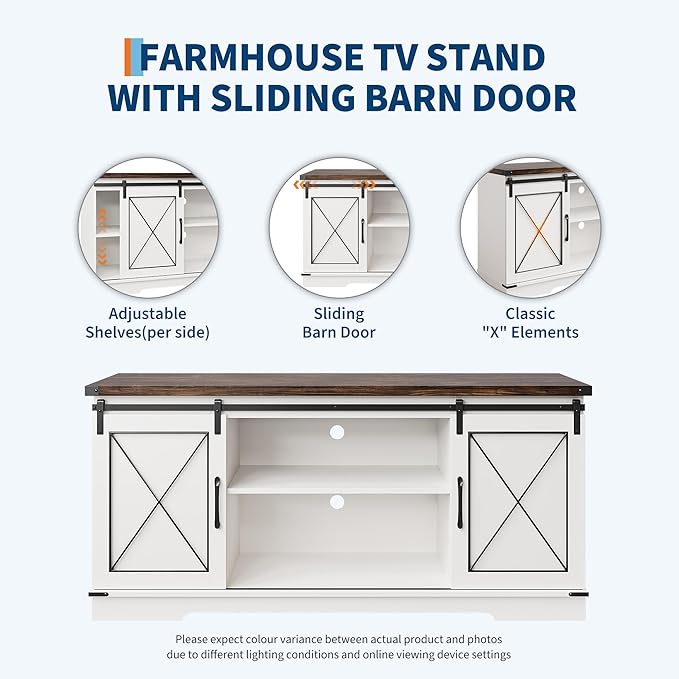 GarveeHome Farmhouse TV Stand for TV up to 65 Inches and Entertainment Center with Sliding Barn Doors, Tv Media Console Table with Storage Cabinet for Living Room, Bedroom, White & Brown