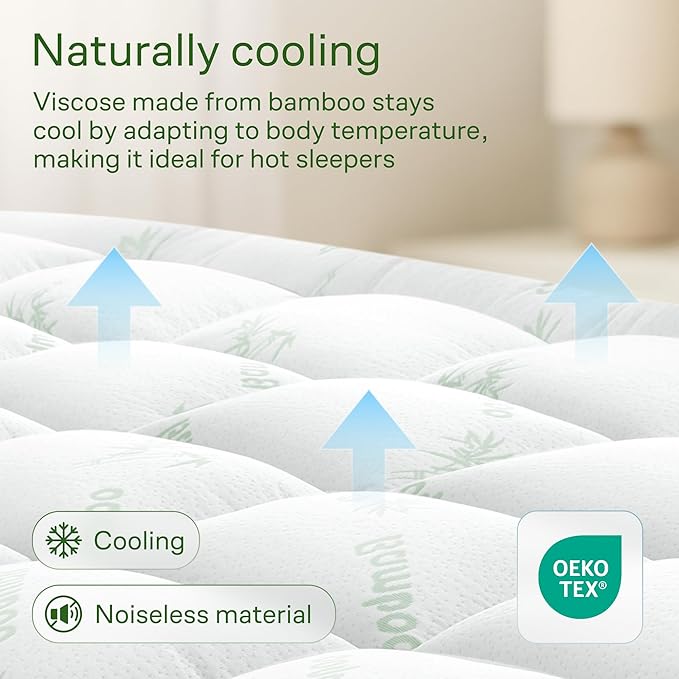 Ultra Soft Full Size Mattress Topper - Viscose Made from Bamboo Pillow Top Mattress Pad for Back Pain Relief - Naturally Cooling for Hot Sleepers, Green