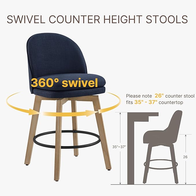 Counter Height Barstools 26 inch Upholstered Swivel Bar Stools with Back and Wood Legs for Kitchen Island,Set of 4,Blue Fabric-Armless