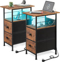 WLIVE Nightstand Set of 2 with Charging Station, End Table Sets with LED Lights, 2 Fabric Drawers and Open Shelf, Bed Side Tables Living Room, Small Space, Night Stand for Bedroom, Rustic Brown