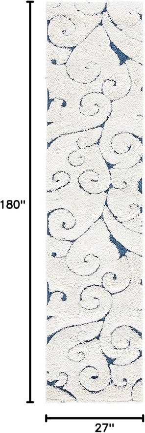 SAFAVIEH Florida Shag Collection Runner Rug - 2'3" x 15', Cream & Blue, Scroll Design, Non-Shedding & Easy Care, 1.2-inch Thick Ideal for High Traffic Areas in Living Room, Bedroom (SG455-1165)