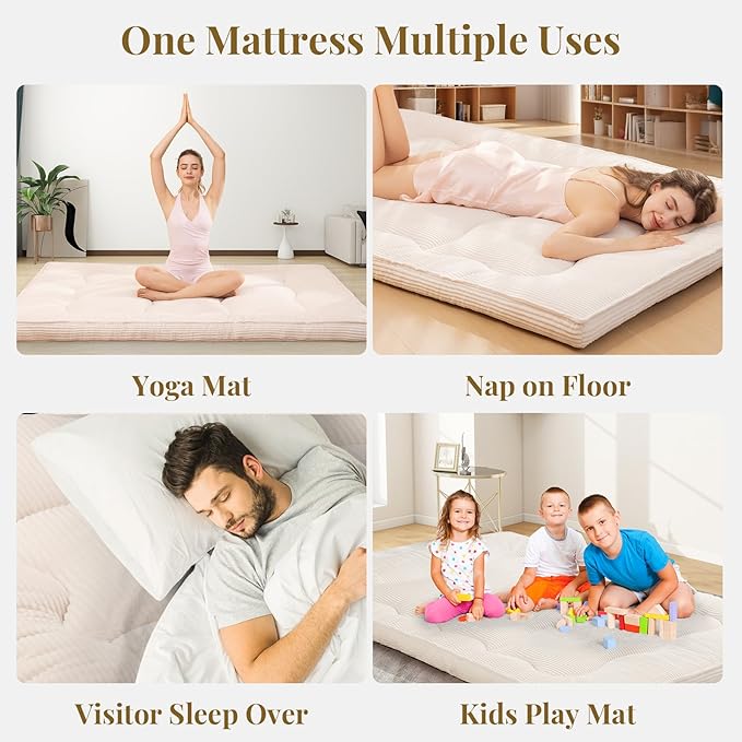 Japanese Floor Mattress, 4" Thicken Futon Mattress Twin Size Sleeping Pad, Corduroy Foldable Floor Pad, Roll Up Tatami Mat for Adults Guest Room Bedroom, Beige