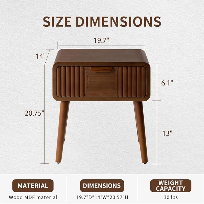 COSIEST Mid Century Modern Nightstands Set of 2, MCM Vintage Bedside Tables with Storage Drawers, Wood End Tables for Bedroom, Living Room (Brown, Striped Pattern)
