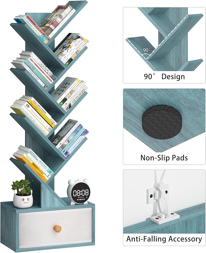8 Tier Tree Bookshelf with Drawer, Free Standing Wood Bookcase for Narrow Space, Storage Organizer Bookshelves for Books, Book Case for Home Office, Living Room, Bedroom, Navy Blue