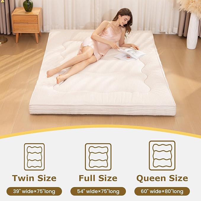 Japanese Floor Mattress, 4" Thicken Futon Mattress Twin Size Sleeping Pad, Corduroy Foldable Floor Pad, Roll Up Tatami Mat for Adults Guest Room Bedroom, Beige