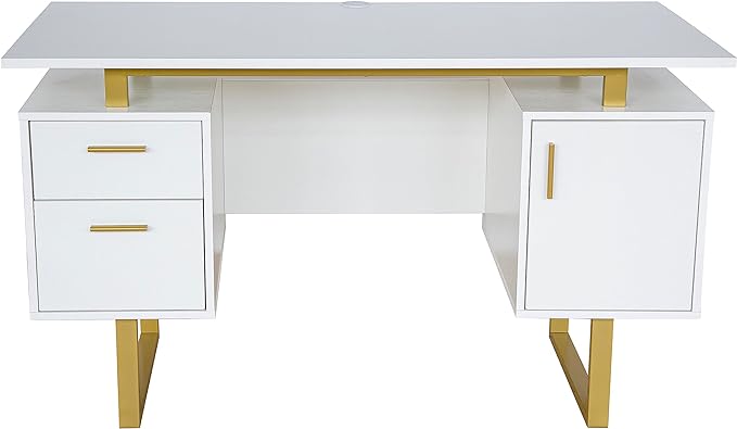 Techni Mobili Storage Drawers and Cabinet 51.25” W-Modern Office Large Floating Desktop Surface Desk, 23.6" D x 51.2" W x 29.8" H, White/Gold