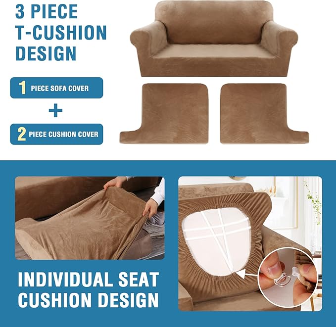 H.VERSAILTEX Sofa Cover 3 Piece T Cushion Loveseat Slipcovers Thick Velvet Couch Cover Furniture Protector Stretch T Cushion Sofa Covers for 2 Cushion Couch with 2 Individual T Cushion Covers, Camel