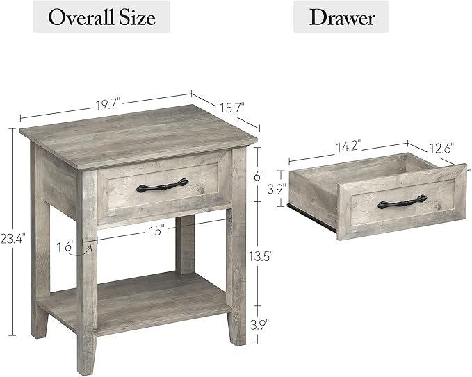 IDEALHOUSE Grey Nightstands Set of 2, End Table with Drawer, Side Table for Spaces, 2 Tiers Storage Shelves with Dresser, Bedside Table for Living Room, Bedroom, Dorm (2pcs-Grey)