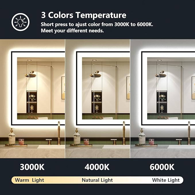 32x36 Inch LED Bathroom Mirror with Lights (Front Lit and Backlit) Black Framed Lighted Vanity Mirror for Bathroom Wall Dimmable Anti-Fog Memory Tempered Glass Horizontal/Vertical
