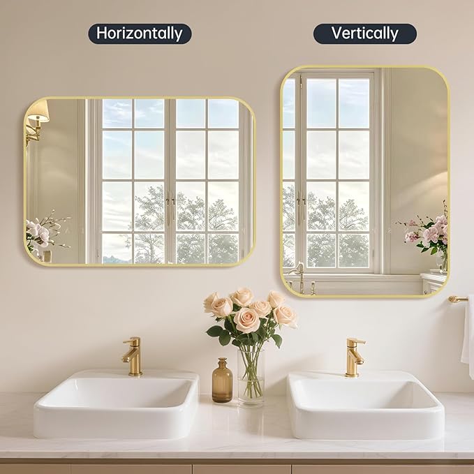 30x36 Inch Bathroom Mirror for Wall,Gold Framed Rectangle Mirror with Rounded Corner,Aluminum Alloy Framed Brushed Wall Mirror for Bedroom or Living Room,Vertical or Horizontal
